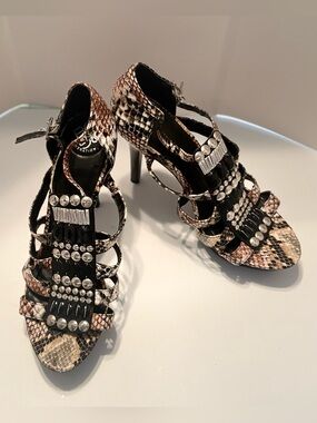 BCBG Studded Snake-Print Strappy Heels - Black/Brown